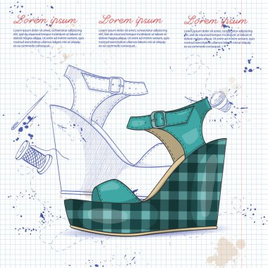 Vektör çizimi, renk bayan sandalet ekose kumaş ile defter sayfasında kama.