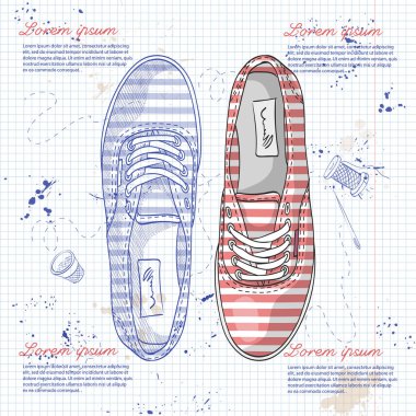 Vektör çizimi, renk kadın tekstil spor ayakkabı içinde çizgili defter sayfasındaki
