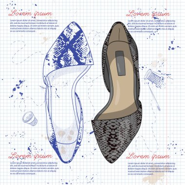 Vektör çizimi, Bayan sürüngen deri sivri ayak bale bir defter sayfasında düz