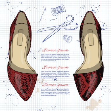 Vektör çizimi, renk kadın sürüngen deri sivri ayak bale bir defter sayfasında düz