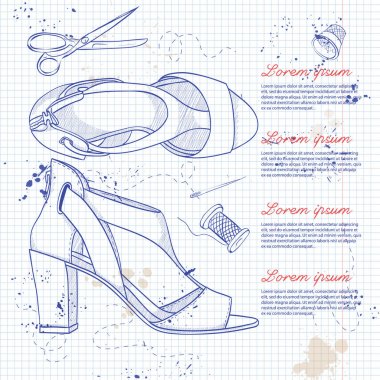 Vektör çizimi, Bayan sandalet bir not defteri sayfası bir orta topuk üzerinde