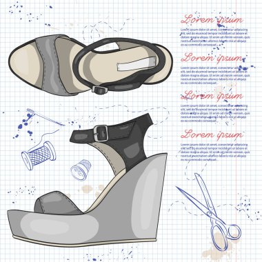 Vektör çizimi, renk bayan sandalet üzerinde bir not defteri sayfası kama