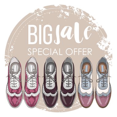 Vektör renk kümesi, elle çizilmiş kroki, Bayan oxfords. Büyük satış