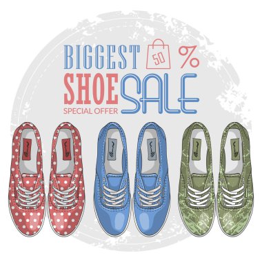 Küme, en büyük ayakkabı satış vektör, çizilmiş Bayan spor ayakkabı, Renk eskiz el. Büyük satış