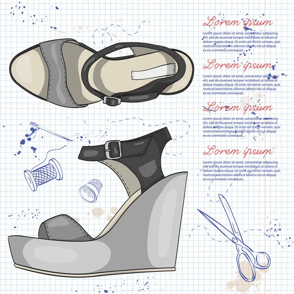 Vektör Çizimi Renk Bayan Sandalet Üzerinde Bir Defteri Sayfası Kama — Stok Vektör