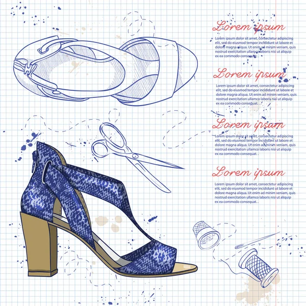 Vektör çizim, Bayan sürüngen deri sandalet bir not defteri sayfası bir orta topuk üzerinde