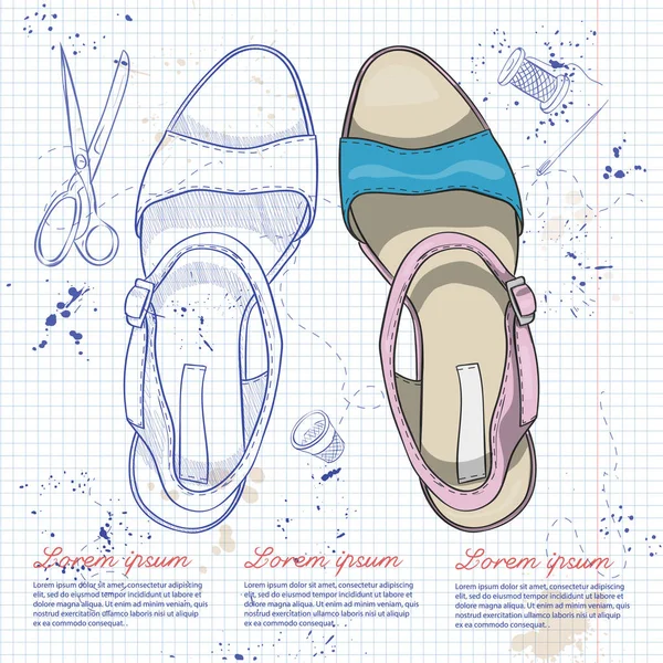 Schizzo Disegnato Mano Vettoriale Due Sandali Donna Colori Una Pagina — Vettoriale Stock