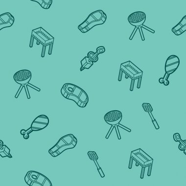 Barbekü anahat izometrik desen. Barbekü gıda el ilanı. Barbekü reklam. Vektör çizim, Eps 10