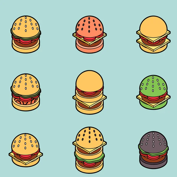 Burgers Color Outline Isometric Icons Fast Food Design Icons Set — Stock Vector