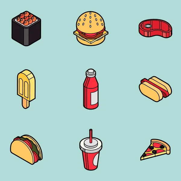 Fast Food Delinear Ícones Isométricos Cor Ilustração Vetorial Eps — Vetor de Stock