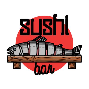 Renk vintage suşi amblemi. Sushi Bar. Vektör çizim, Eps 10