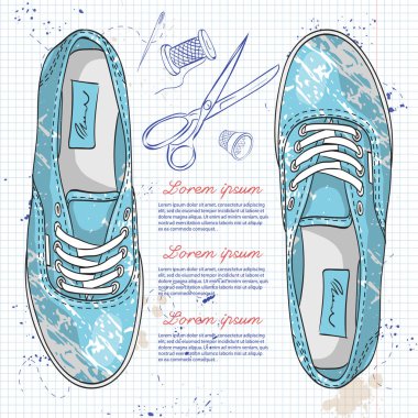 Vektör el çekilmiş renkli kroki, bir not defteri sayfası üzerinde bir leke Desenli Bayan spor ayakkabı