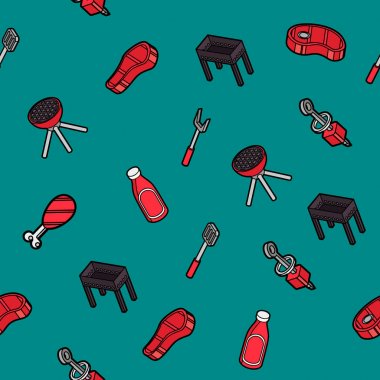 Barbekü renk anahat izometrik desen. Barbekü gıda el ilanı. Barbekü reklam. Vektör çizim, Eps 10