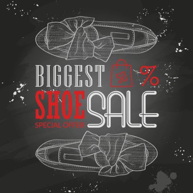 Vektör plakası, en büyük ayakkabı satışı, el çizilmiş Bayan bale daireler ile düğüm kroki tebeşir tahtası