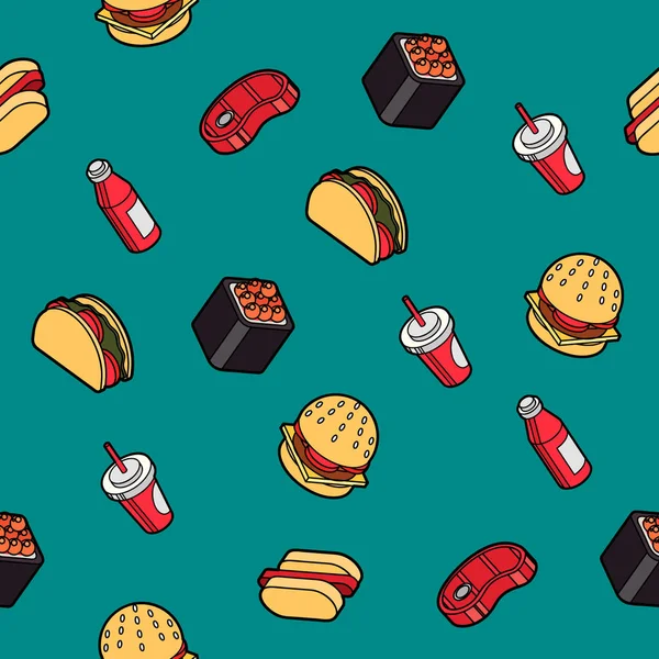 Fastfood Omtrek Kleur Isometrische Patroon Vectorillustratie Eps — Stockvector