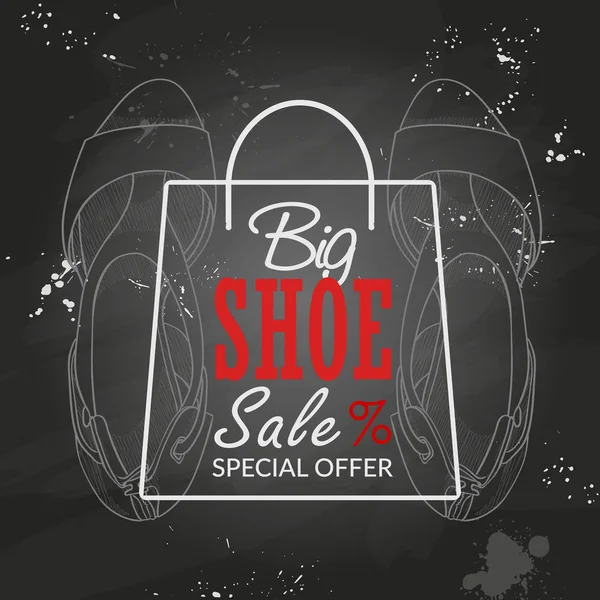 Vektör plakası, en büyük ayakkabı satışı, el çizilmiş Bayan deri sandalet tebeşir tahtaya kroki