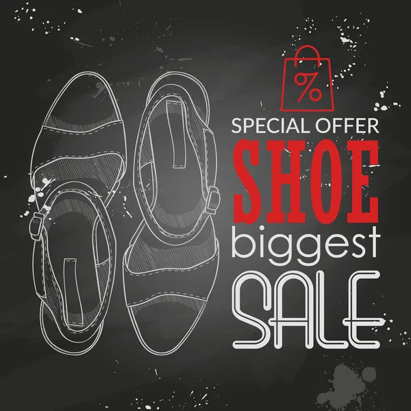 Vektör plakası, en büyük ayakkabı satışı, el çizilmiş bayan sandalet tebeşir tahtaya kroki