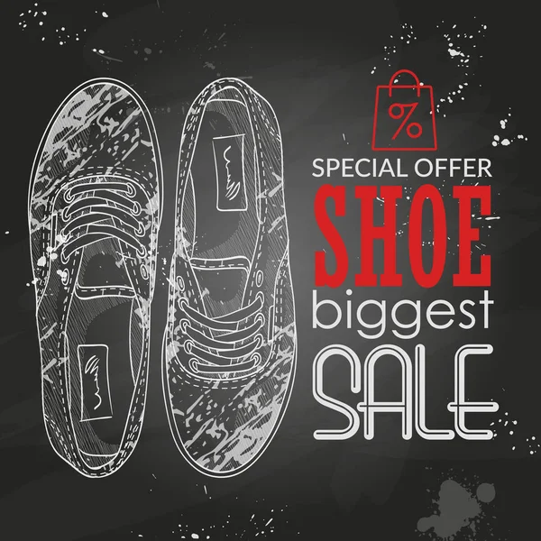 Etiket, en büyük ayakkabı satış vektör, çizilmiş Bayan spor ayakkabı bir leke desenli el, tebeşir tahtaya kroki