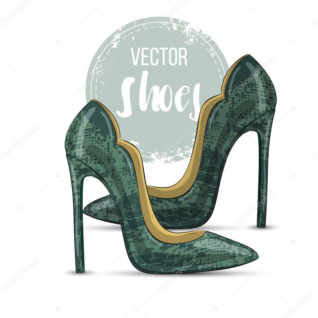 Vector color womens reptile leather stiletto pumps. Front view