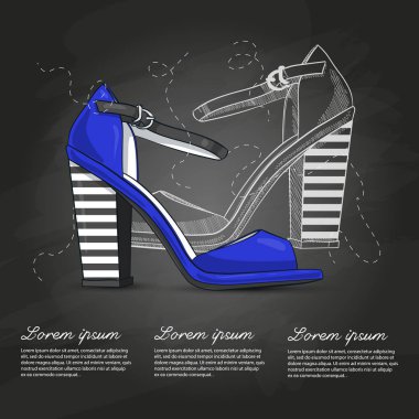 Kroki ve renk kadın iki renk yüksek topuklu sandalet tebeşir tahtası vektör
