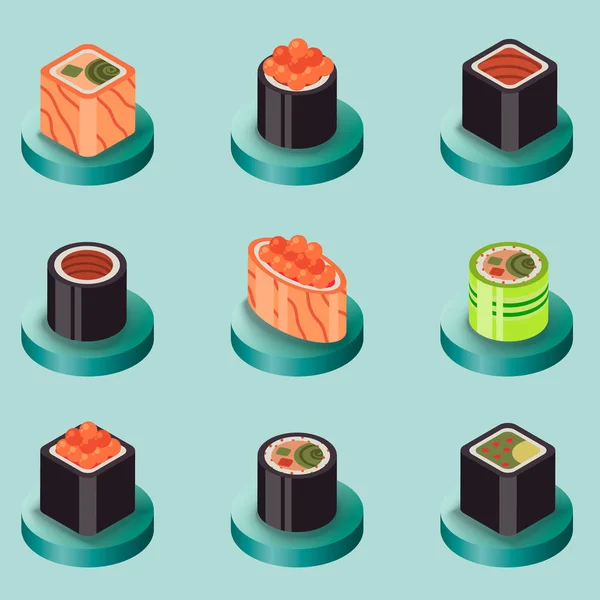 Sushi Platt Isomera Ikoner Vektorillustration Eps — Stock vektor