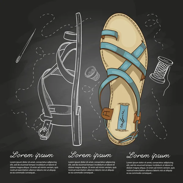 Vektör çizim rengi bayan sandalet tebeşir tahtası bambu ayakkabı astarı ile