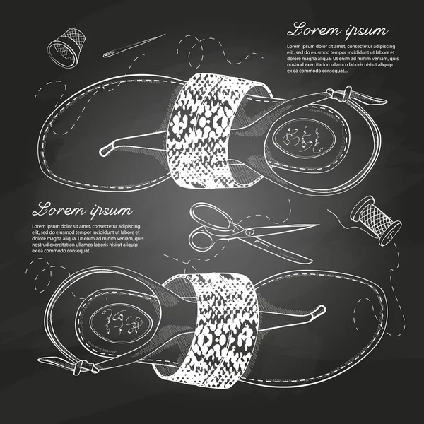 Vektör çizim sürüngen deri öğeleri tebeşir tahtası ile kadın t-kayış sandaletler