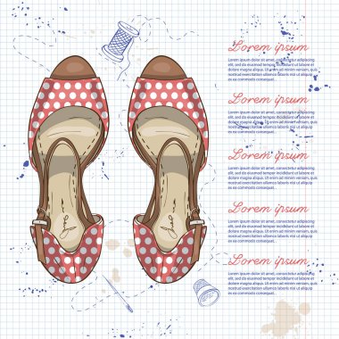 Vektör renk Bayan benekli yüksek topuklu sandaletler bir not defteri sayfası