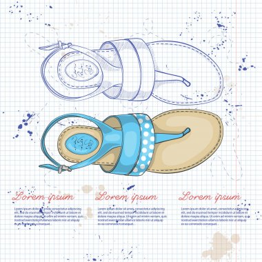 Benekli elementson bir not defteri sayfası ile vektör kroki renk Bayan t-kayış sandaletler