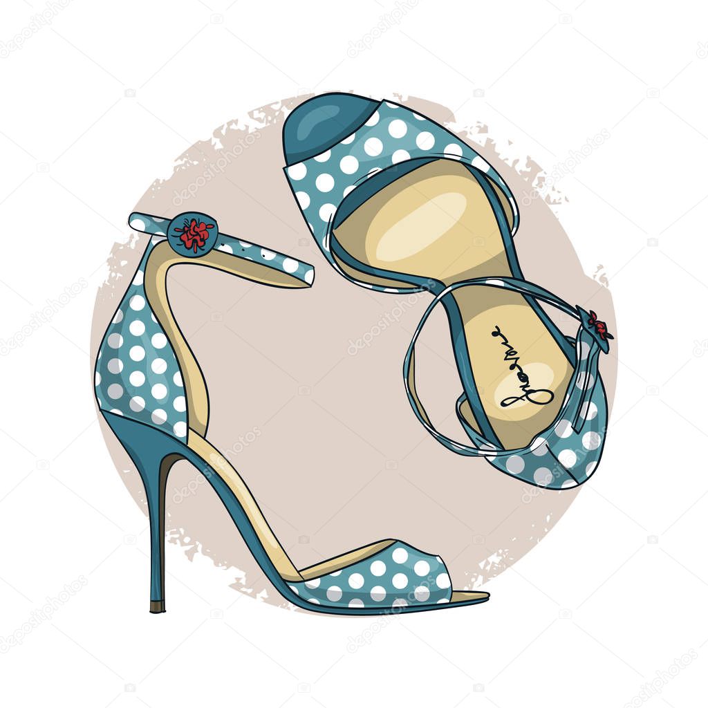Vector color womens polka-dot sandals with stiletto heel and a thin ankle strap