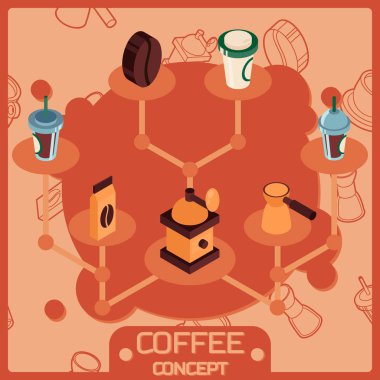 Kahve rengi izometrik kavramı simgeler. Kahve tasarım. Vektör çizim, Eps 10