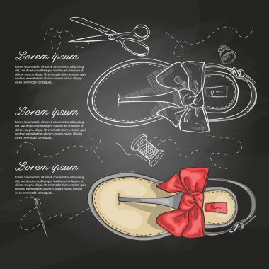 Sketch vektör ve kadın t-kayış tebeşir tahtası bir yay ile flip flop renk