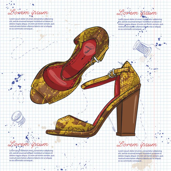 Vektör renk Bayan sürüngen deri yüksek topuklu sandaletler bir defter sayfası