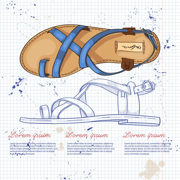 Vector Schizzo Colore Sandali Delle Donne Con Polka Dot Sottopiede — Vettoriale Stock