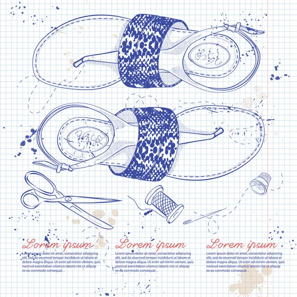 Vektör kroki kadın t-kayış sandalet bir defter sayfası