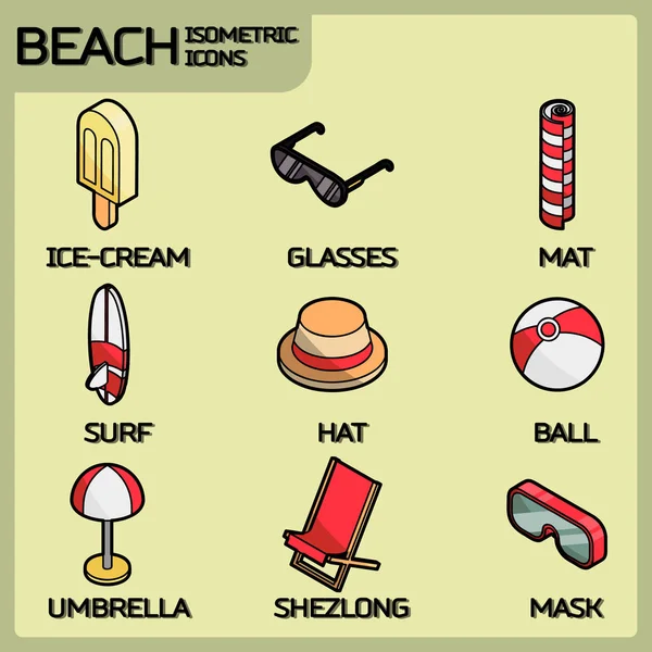 Beach Color Outline Isometric Icons Summer Vacation Vector Illustration Eps — Stock Vector