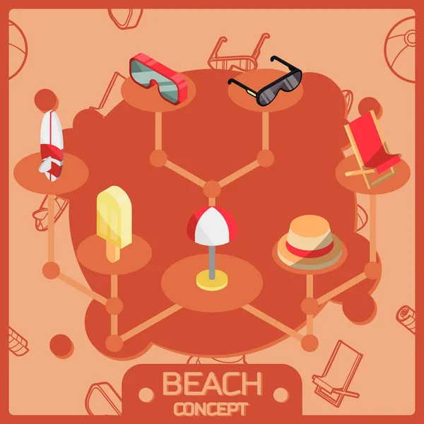Beach Color Outline Isometric Concept Icons Summer Vacation Vector Illustration — Stock Vector