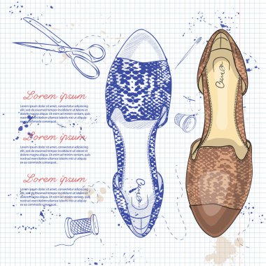 Sketch vektör ve Bayan renk sürüngen deri sivri ayak düzlükler üzerinde bir defter sayfası