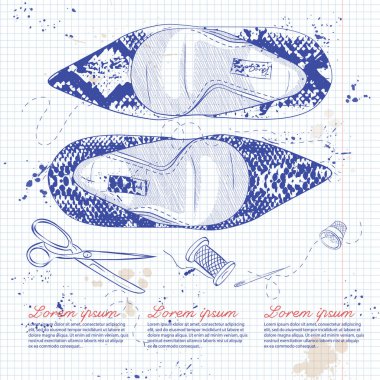 Vektör çizimi kadın sürüngen deri ayak stilettos bir defter sayfasında çekti.