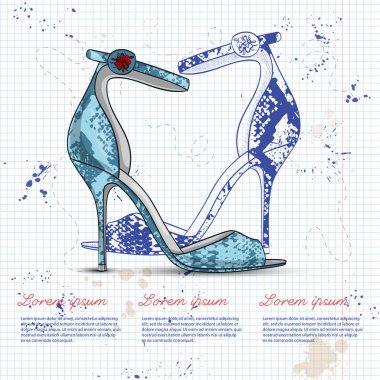 Kroki ve renk Bayan stilettos bir not defteri sayfası üzerinde ince ayak bileği kayış ile vektör