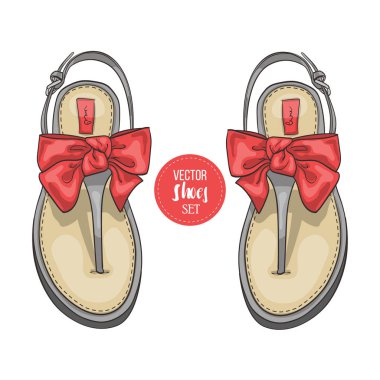 Vektör üç renk Bayan t-kayış flip flop bir yay ile