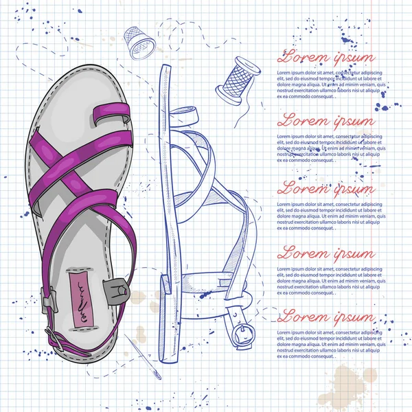 Boceto Vectorial Sandalias Cuero Para Mujer Una Página Cuaderno — Vector de stock