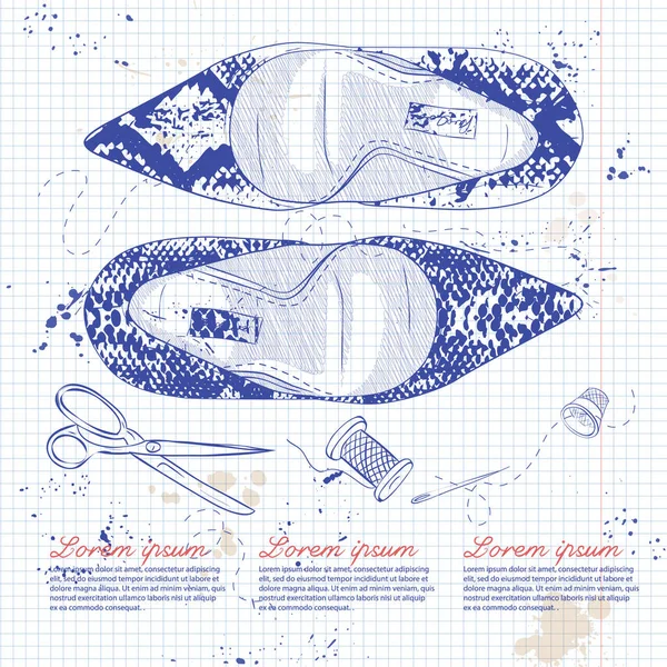 Vektör çizimi kadın sürüngen deri ayak stilettos bir defter sayfasında çekti.