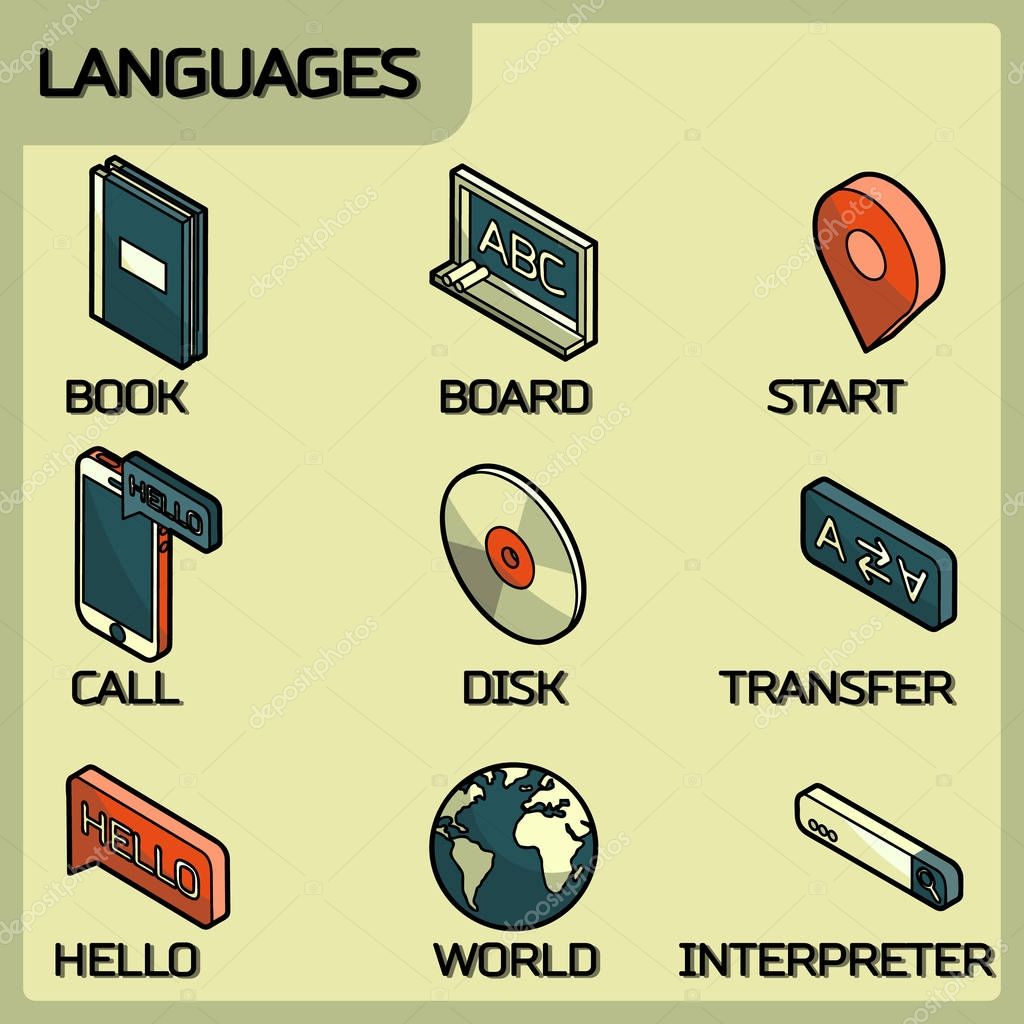 Languages color outline isometric icons. Set of modern linear icons on the topic of learning a foreign language. Vector logos for schools, colleges and universities.