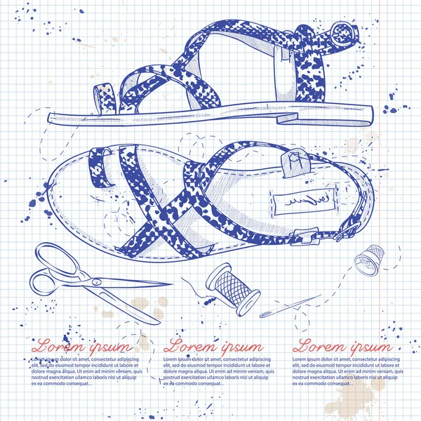 Векторний Ескіз Жіночих Рептилій Шкіряних Сандалі Сторінці Ноутбука — стоковий вектор