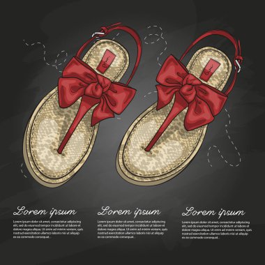 Vektör iki renk Bayan t-kayış tebeşir tahtası bir yay ile flip flop