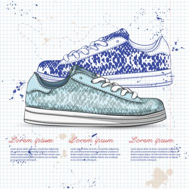 Sketch vektör ve sürüngen deri bir defter sayfasındaki ile rahat spor ayakkabılar Bayan renk