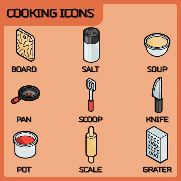 Изометрические иконки контура кулинарного цвета — стоковый вектор