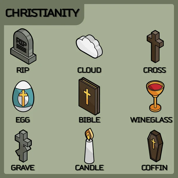 Cristianismo cor esboço ícones isométricos —  Vetores de Stock