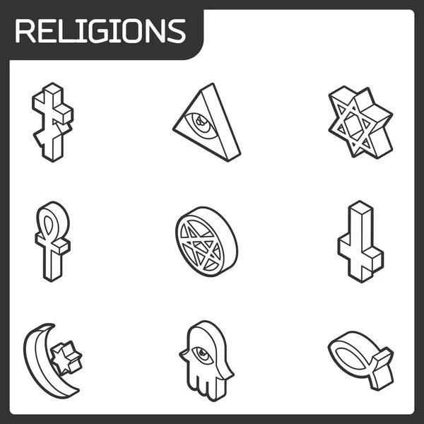 Religiões delinear ícones isométricos — Vetor de Stock